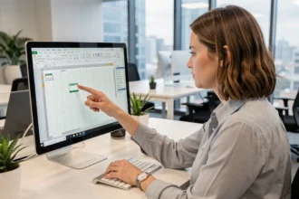 Femme au bureau utilisant Excel pour figer les titres d'impression sur chaque page d'un tableau