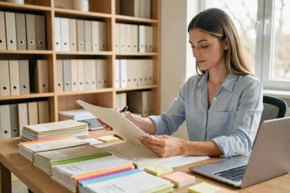 Femme organisée qui classe des dossiers étiquetés sur un bureau en bois dans un bureau moderne