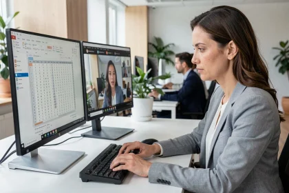 Femme professionnelle travaillant sur un double écran dans un bureau moderne et lumineux