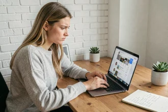 Jeune femme éditant un GIF sur son ordinateur portable dans un bureau à domicile moderne pour le partager sur Instagram