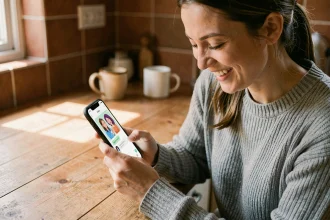 Femme souriante envoyant un GIF animé par SMS sur son smartphone dans une cuisine moderne