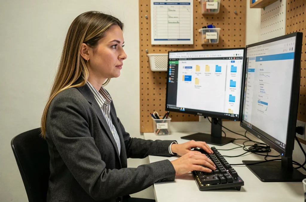 Jeune femme organisant ses fichiers numériques sur un double écran dans un bureau moderne et bien rangé
