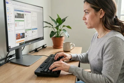 Femme utilisant des raccourcis clavier sur Windows dans un bureau minimaliste moderne