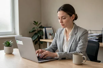 Femme au bureau ajustant les paramètres d'autonomie de son ordinateur portable pour économiser la batterie