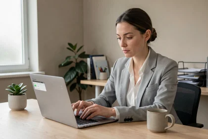Femme au bureau ajustant les paramètres d'autonomie de son ordinateur portable pour économiser la batterie