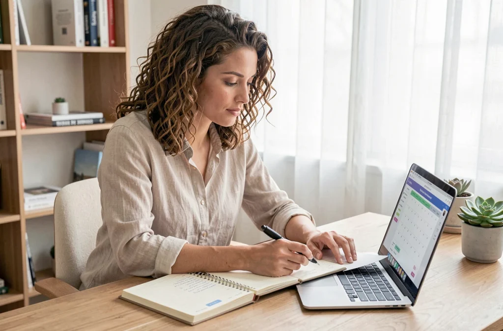 Femme synchronisant un agenda papier avec une application de calendrier partagé en télétravail