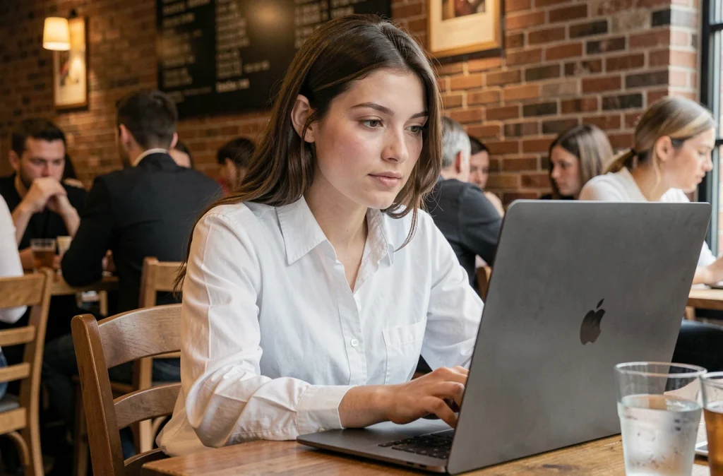 Jeune femme protégeant son écran d'ordinateur portable avec un filtre de confidentialité dans un café public