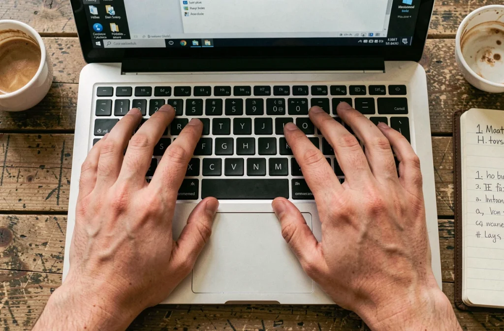 Gros plan des mains sur un clavier d'ordinateur portable utilisant des raccourcis Windows dans un café