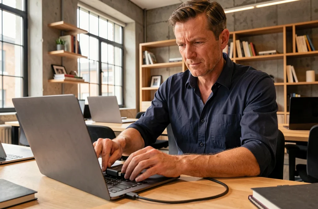 Homme connectant une batterie externe à son ordinateur portable dans un espace de coworking pour prolonger l'autonomie