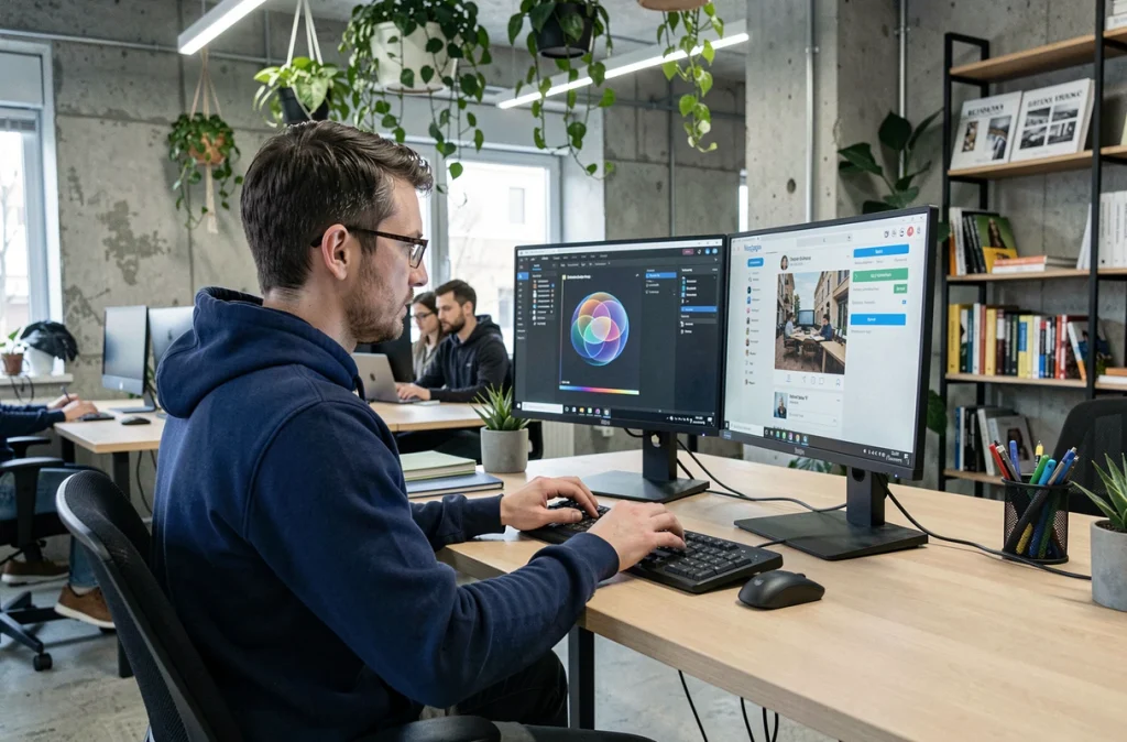 Homme avec lunettes utilisant un outil de compression de GIF sur double écran dans un espace de coworking
