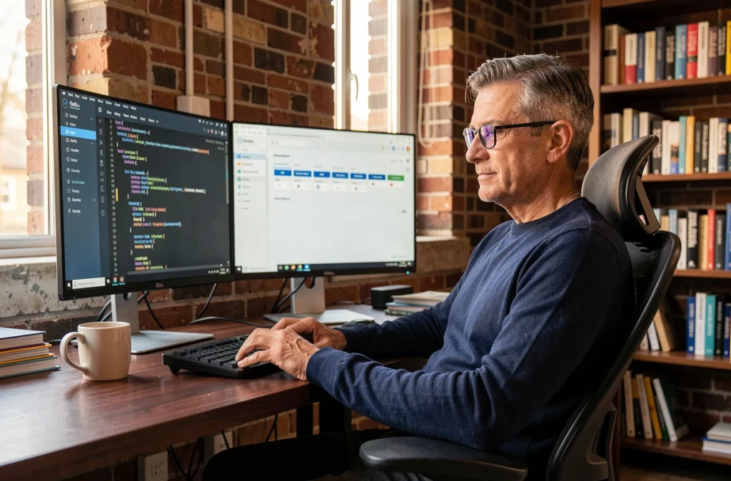 Homme utilisant deux moniteurs pour la programmation et la gestion de projet en télétravail