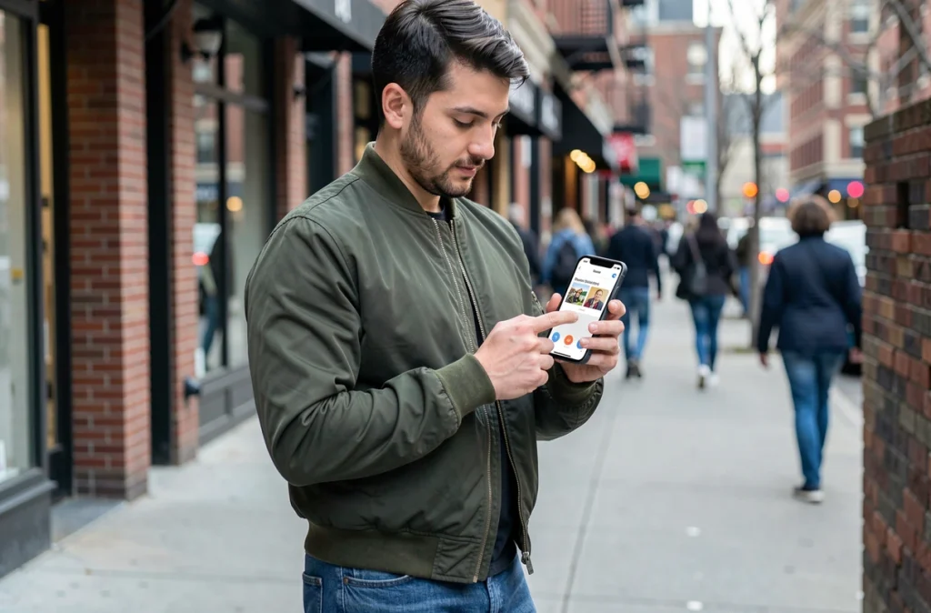 Homme dans la rue cherchant et envoyant un GIF via une application de messagerie SMS