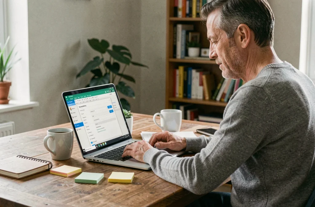 Homme en télétravail configurant des courriels récurrents automatisés sur Outlook depuis un bureau à domicile