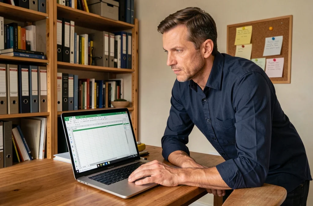 Homme en télétravail configurant les options d'impression avec titres figés dans Microsoft Excel