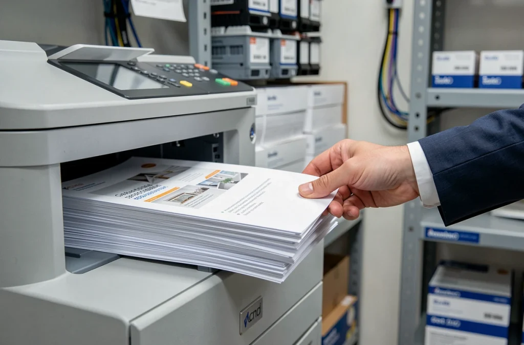 Gros plan sur le bac de sortie d'une imprimante laser couleur professionnelle avec des brochures imprimées dans une salle dédiée