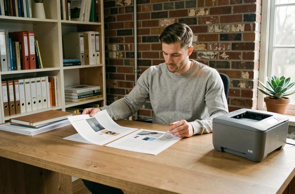 Homme en télétravail comparant des impressions laser sur son bureau dans un home office design