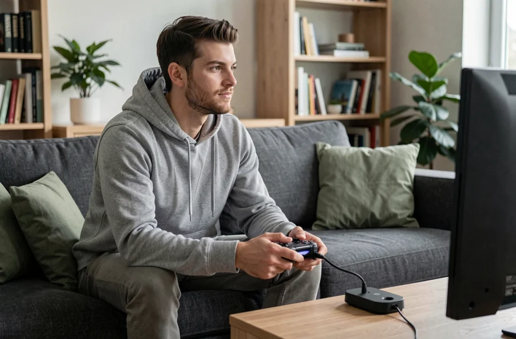 Joueur en sweat gris rechargeant sa manette PS4 sur table basse dans un salon moderne