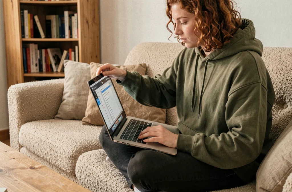 Personne ajustant l'angle d'ouverture d'un MacBook 13 pouces sur un canapé, illustrant l'impact de la position de l'écran sur le confort