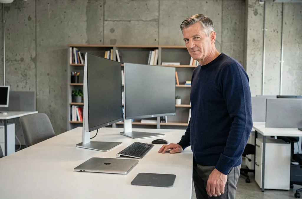 MacBook 13 pouces fermé utilisé comme appareil secondaire sur un bureau ergonomique avec moniteur externe