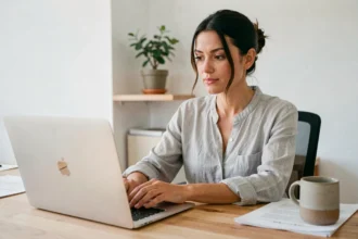 Femme travaillant sur un MacBook 13 pouces ouvert à son bureau, illustrant le confort d'utilisation en position de travail