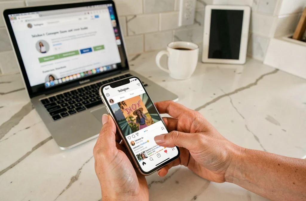Mains de femme tenant un smartphone avec Instagram ouvert pour importer un GIF compressé depuis un ordinateur portable