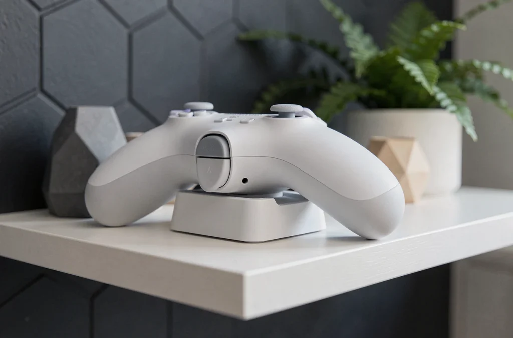 Manette PS4 blanche en cours de recharge sur une station cradle fixée à une étagère murale dans un salon gamer