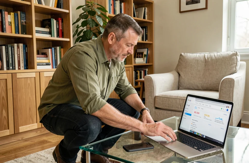 Homme travaillant sur l'optimisation mobile SEO avec laptop et smartphone à domicile