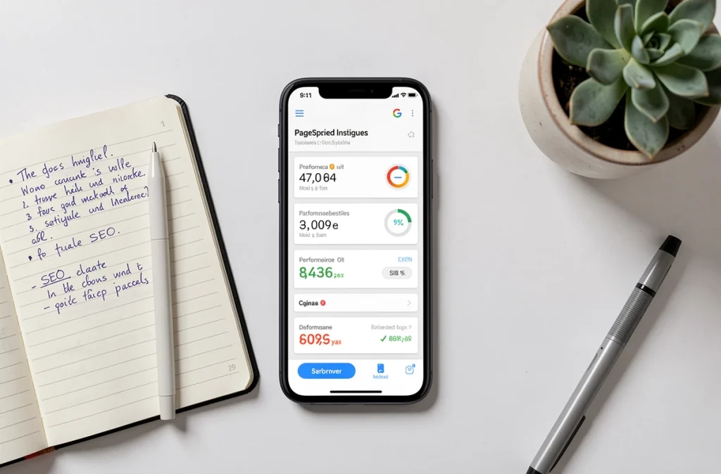 Vue aérienne d'un rapport PageSpeed Insights sur smartphone avec notes SEO sur un bureau minimaliste