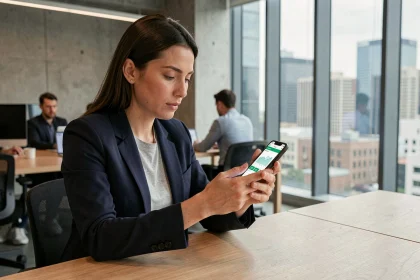 Femme analysant les performances mobiles d'un site web sur smartphone dans un bureau moderne