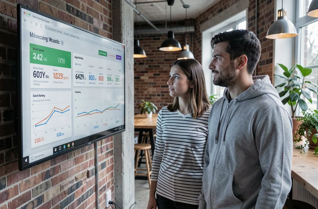 Deux collègues examinant des données de performances mobiles et de classement SEO sur un grand écran dans un coworking