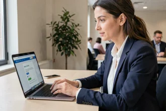 Nouvelle employée se connectant pour la première fois à l'intranet de Caen sur un ordinateur portable dans un bureau moderne