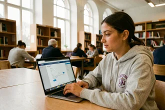 Étudiante connectée à Zimbra sur un ordinateur portable dans une bibliothèque universitaire de Lille