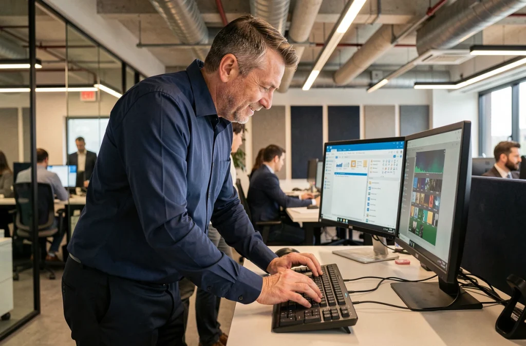 Professionnel utilisant des raccourcis clavier Windows sur un bureau debout en open space