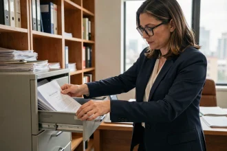 Femme rangeant des documents confidentiels dans un classeur verrouillé dans un bureau à domicile