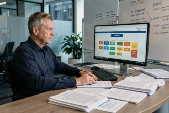 Responsable de la sécurité informatique analysant un cadre de conformité et des documents de politique de sécurité sur son bureau