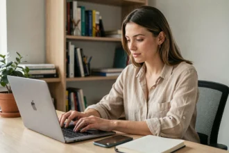 Femme séparant ses communications professionnelles et personnelles sur ordinateur portable et smartphone dans un bureau à domicile