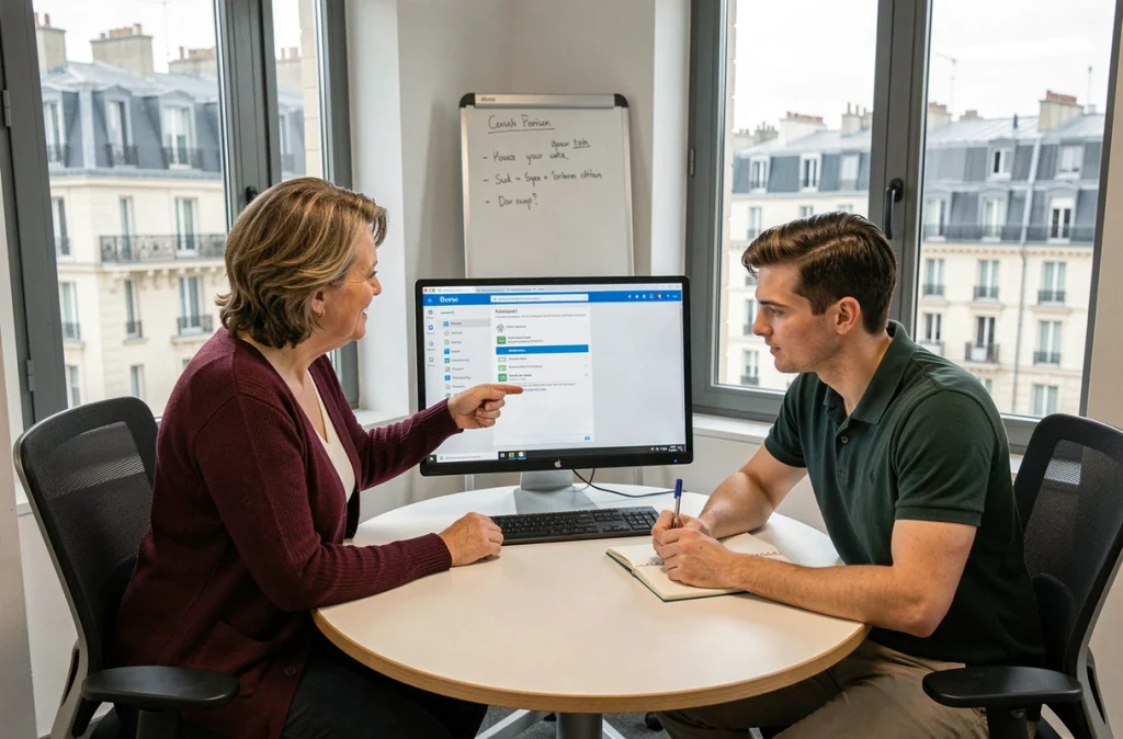 Deux collègues découvrant ensemble le guide de première connexion à l'intranet de Caen lors d'une session d'intégration en salle de réunion
