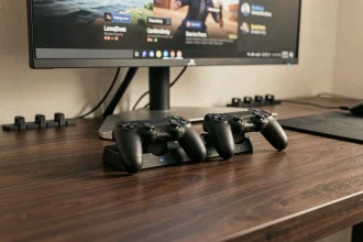 Station de recharge double manette PS4 posée sur un bureau gaming en bois foncé avec indicateurs LED bleus