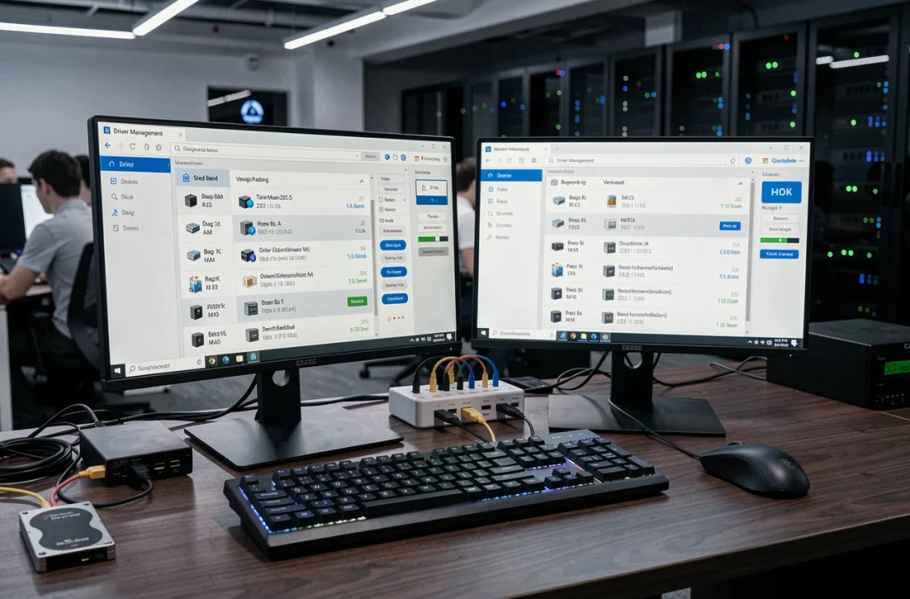 Station de travail double écran affichant un logiciel de gestion et de sauvegarde de pilotes dans un bureau professionnel