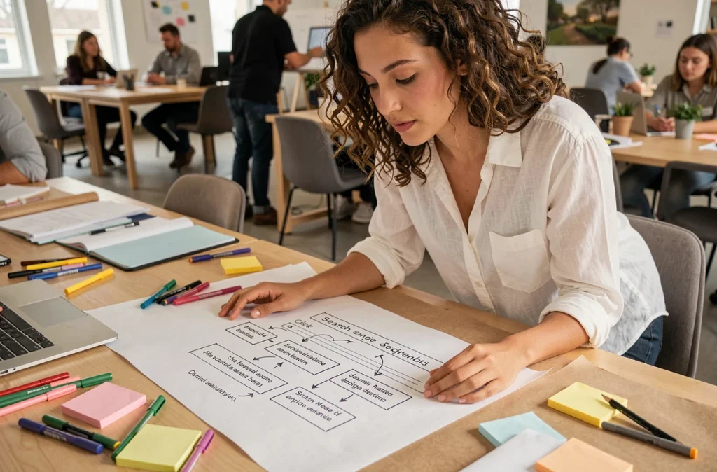 Jeune femme travaillant sur un schéma de stratégie de balises meta description dans un espace de co-working créatif