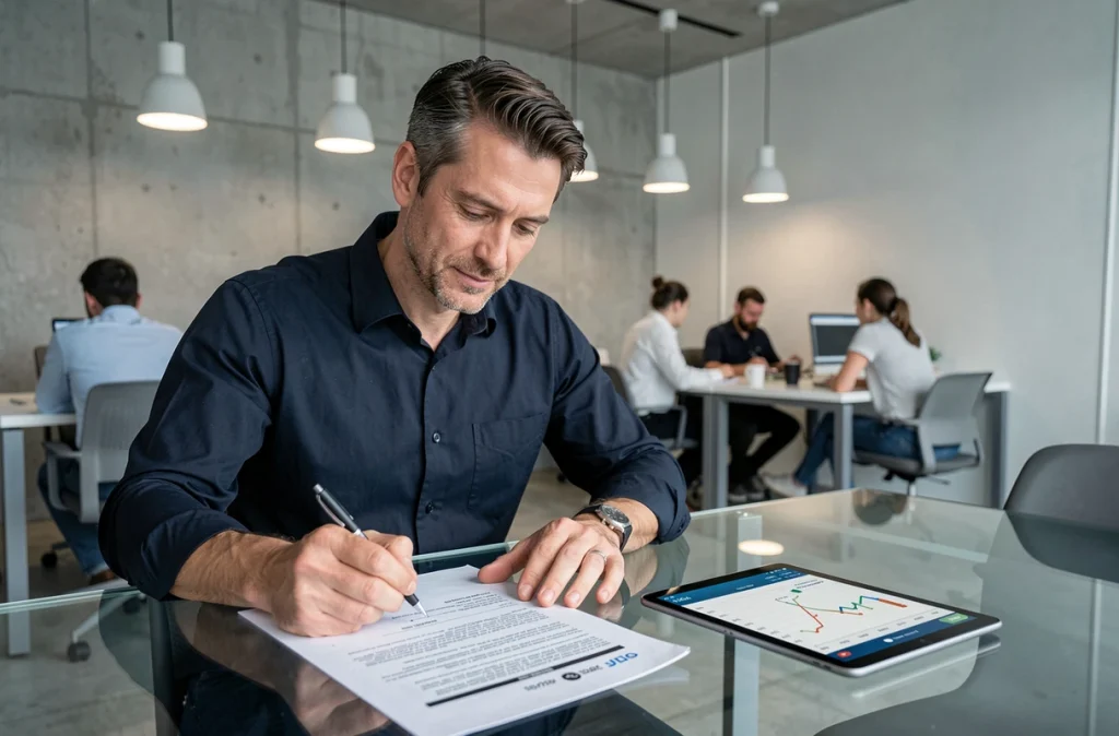 Professionnel du marketing digital étudiant une stratégie de mots-clés longue traîne dans un open space