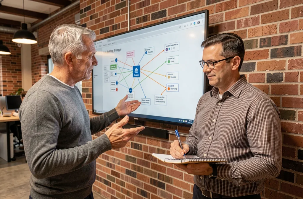 Deux consultants en marketing digital élaborant une stratégie de netlinking et de backlinks pertinents sur un grand écran mural
