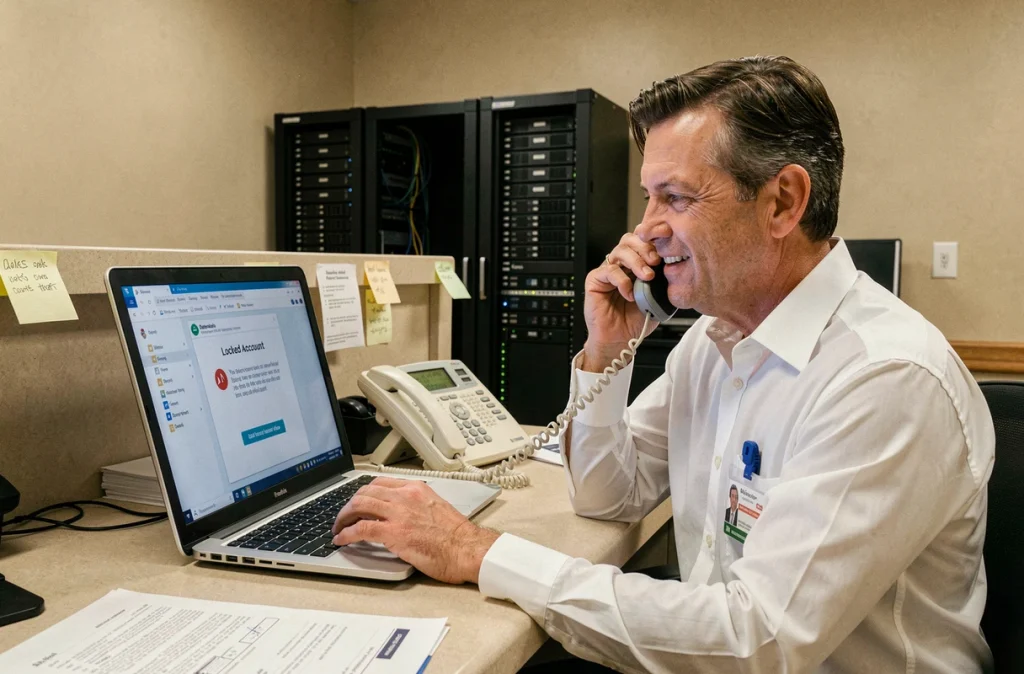 Technicien informatique hospitalier gérant un compte Zimbra bloqué depuis le support IT