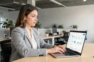 Femme professionnelle utilisant un tableau de bord de stockage cloud sur un ordinateur portable dans un bureau moderne