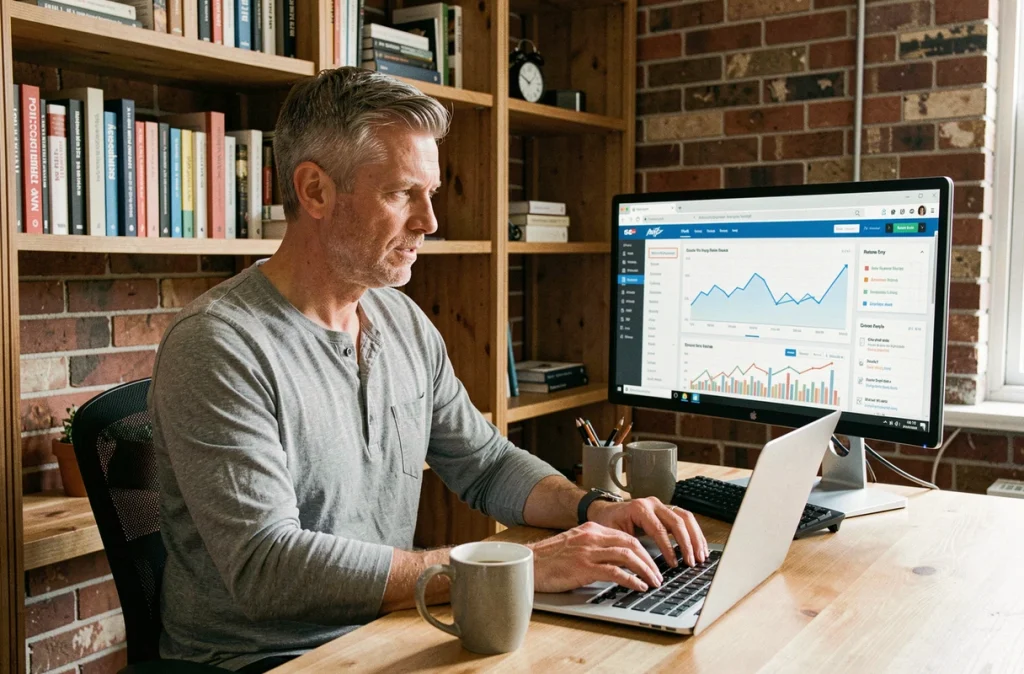 Homme consultant un tableau de bord SEO avec des statistiques de taux de clic liées aux meta descriptions