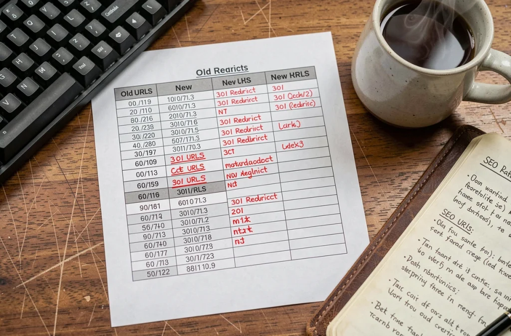 Vue aérienne d'un bureau avec un tableau de redirections 301 imprimé annoté en rouge et des notes SEO manuscrites