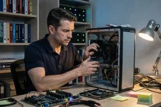 Technicien informatique masculin analysant les pilotes d'un PC ouvert dans un bureau encombré de composants matériels