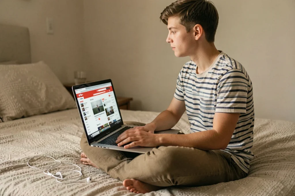Personne téléchargeant et convertissant de l'audio YouTube en format WAV sans inscription depuis un laptop