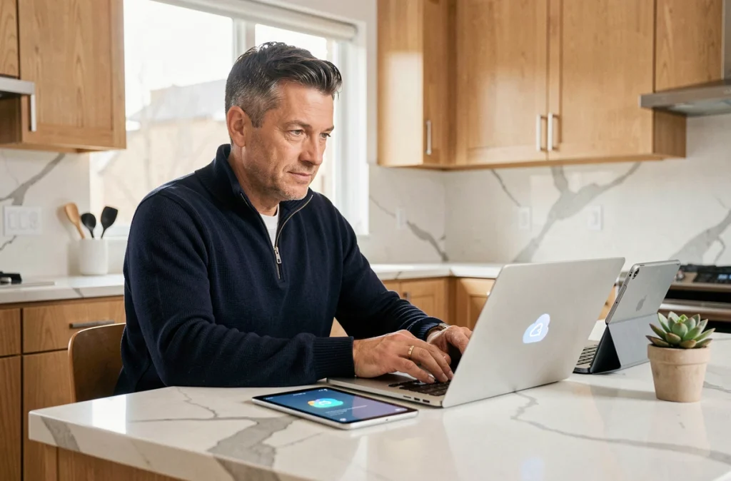 Homme en télétravail synchronisant ses données entre laptop et tablette via le cloud depuis son domicile