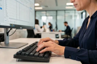 Femme professionnelle appuyant sur la touche Shift d'un clavier mécanique dans un bureau moderne